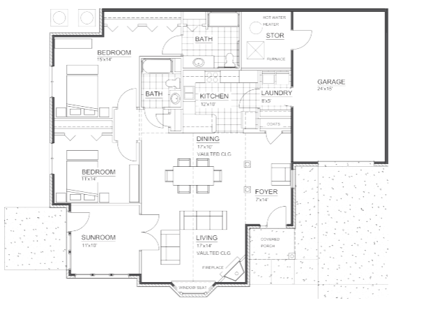 Architectural floor plan of a senior living home in Canton, Ohio, showcasing two bedrooms, two bathrooms, a kitchen, a laundry room, a living area, a dining area, a sunroom, a foyer, a garage, and a storage room.